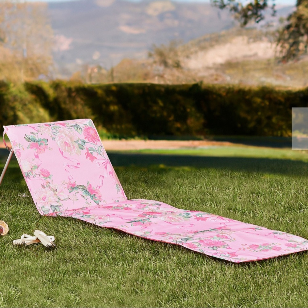 LoveShackFancy Floral Pink Outdoor Cabbage Rose Beach Lounge Chair